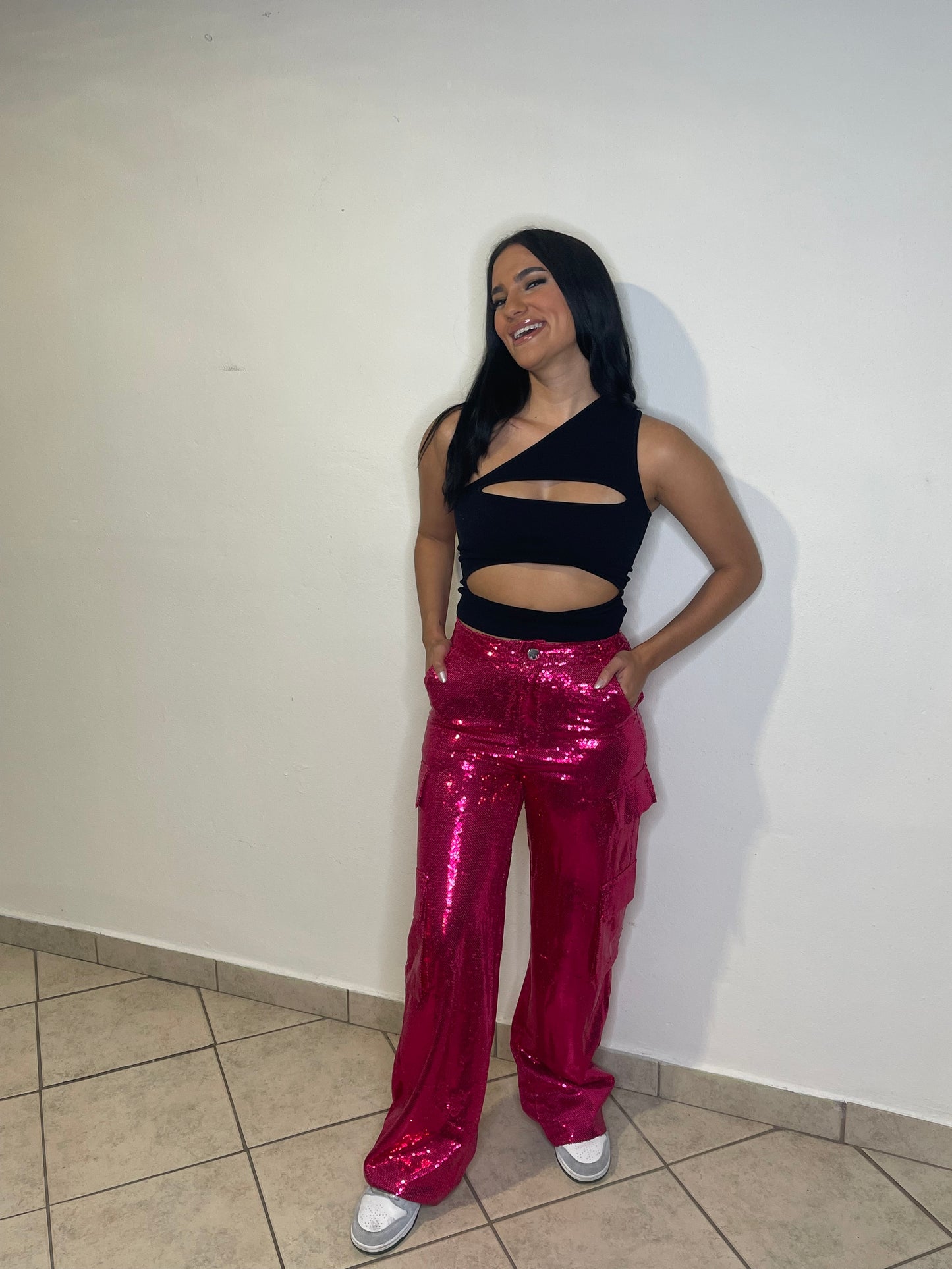 Pink sequins cargo pants