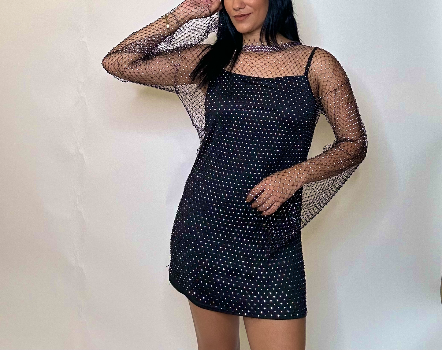 Black rhinestones mesh dress