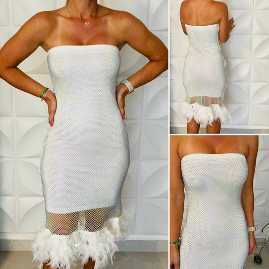 Strapless mesh rhinestones feathers dress