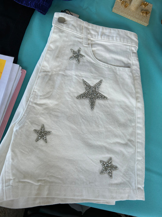 White stars denim short