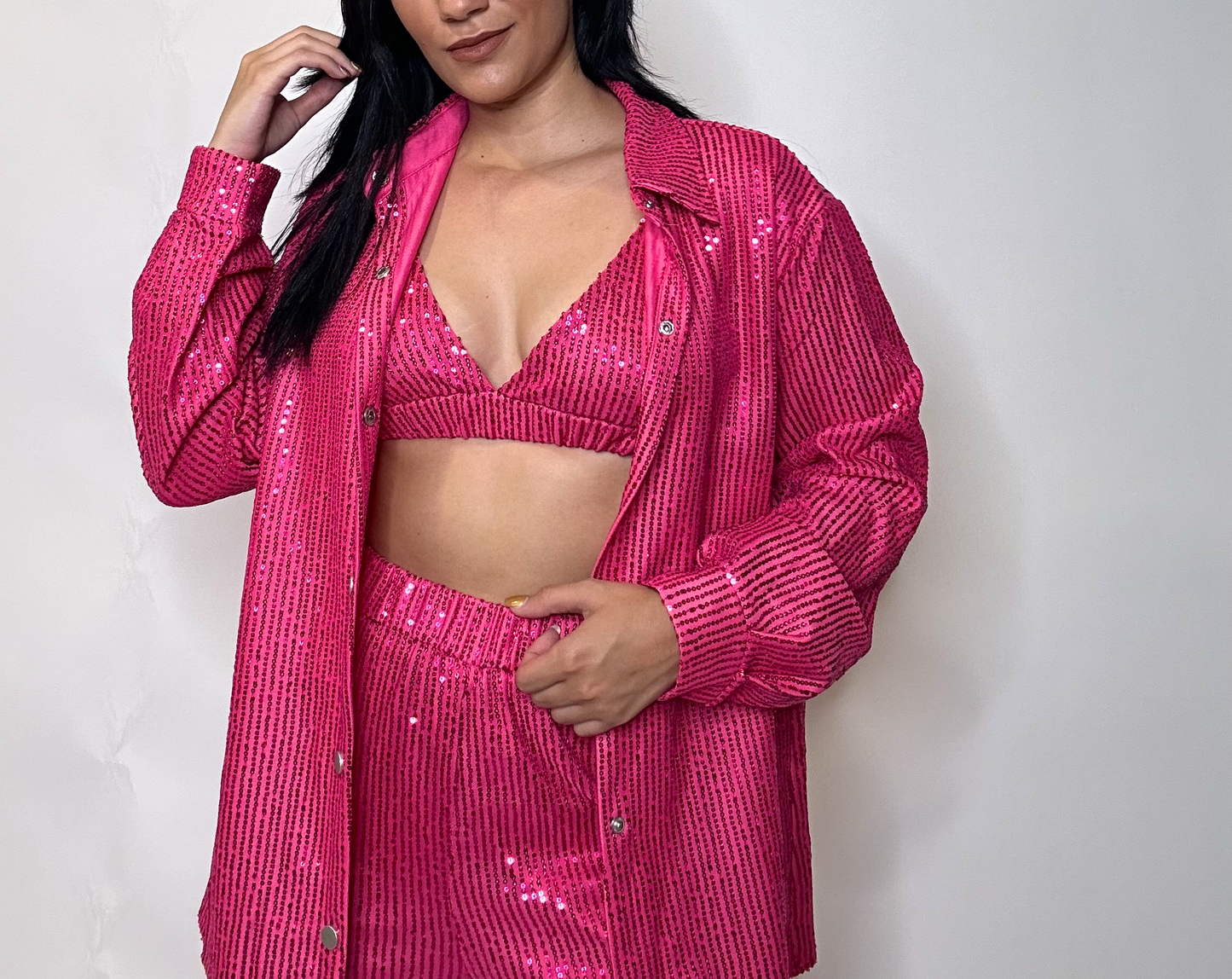 Blouse and top pink sequins set